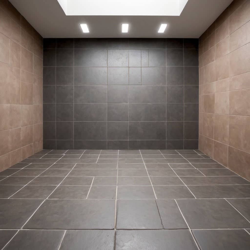 Brown Tiles With Slate Gray Wall Paint 1