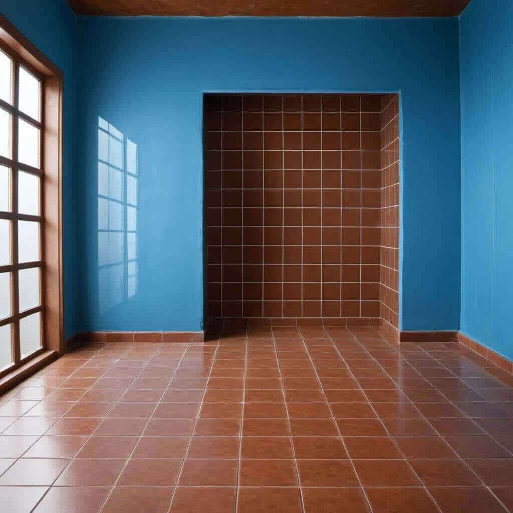 Brown Tiles with Blue Wall Paint
